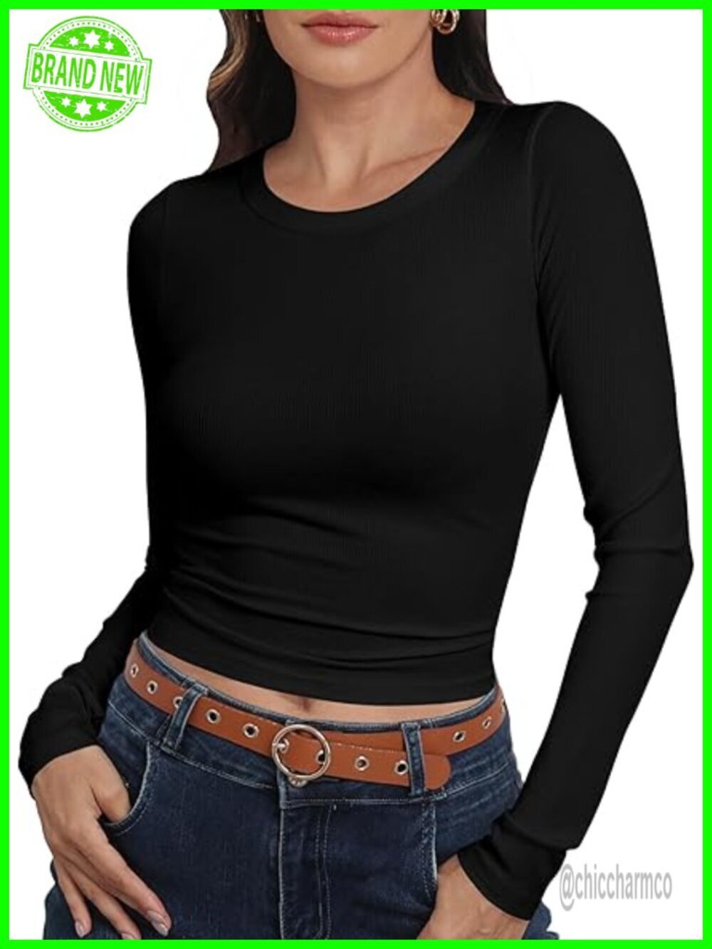 Crewneck Ribbed Knit Fitted Crop Top Long Sleeve